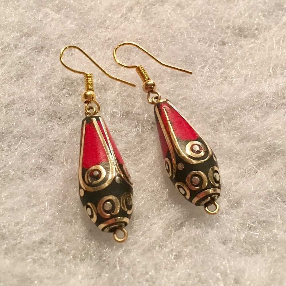 3/$30 Handcrafted Coral Brass Drop Earrings